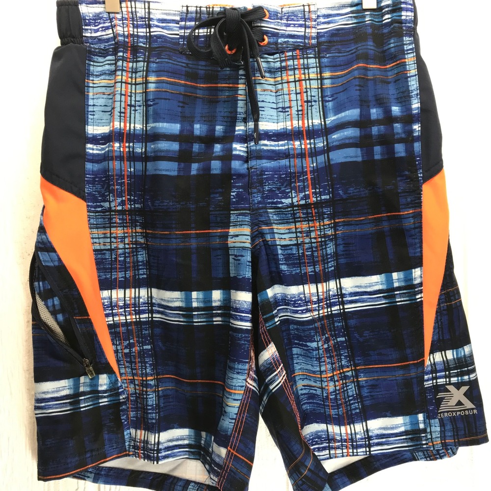 ZeroXposur Mens Blue Orange Plaid Board Shorts Swim Trunks Size M Pocket Liner